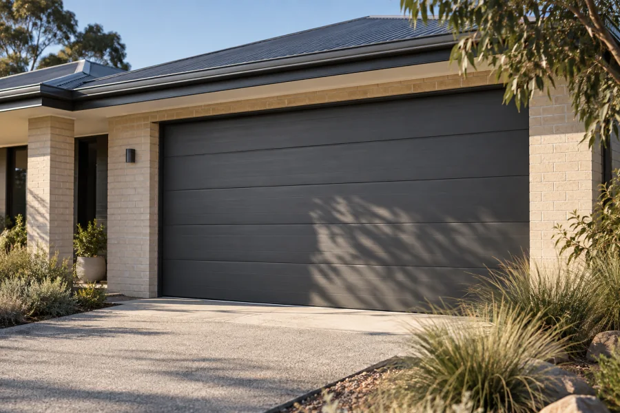 Charcoal garage door in the afternoon sun at an Australian home