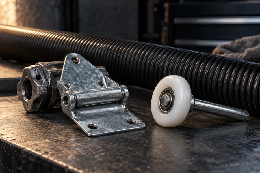 Steel torsion spring, hinge and nylon roller on a workshop bench