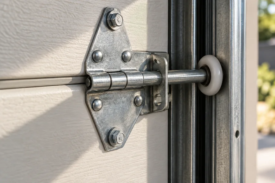 Steel hinge and roller fitted to a sectional garage door