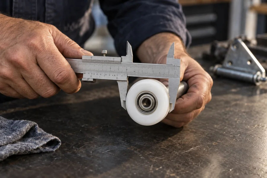 Technician checking a nylon garage door roller with a caliper